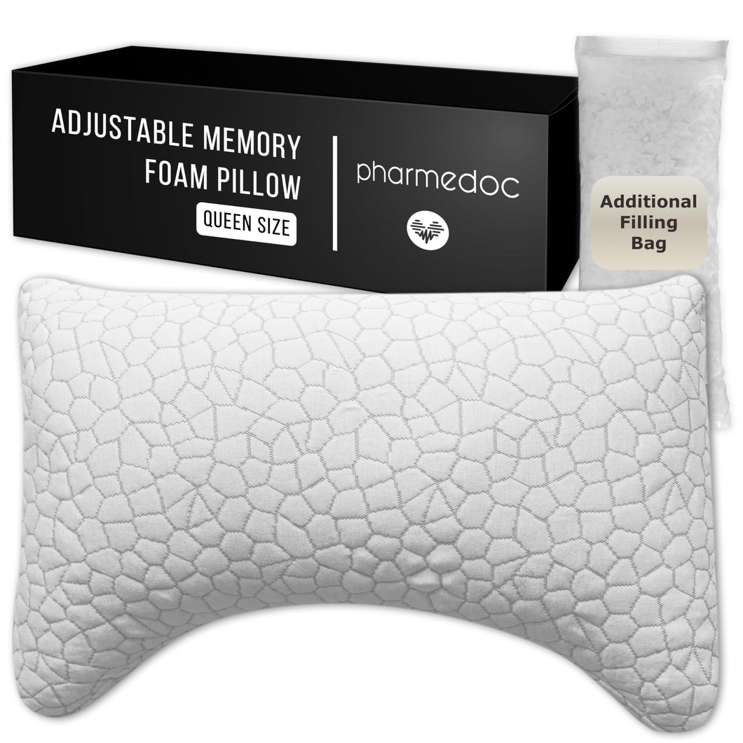 Pharmedoc Memory Foam Pillows - Side Sleeper Pillow - Curved Pillow - Arched - Neck Pillow for Pain Relief - Adjustable Shredded Memory Foam