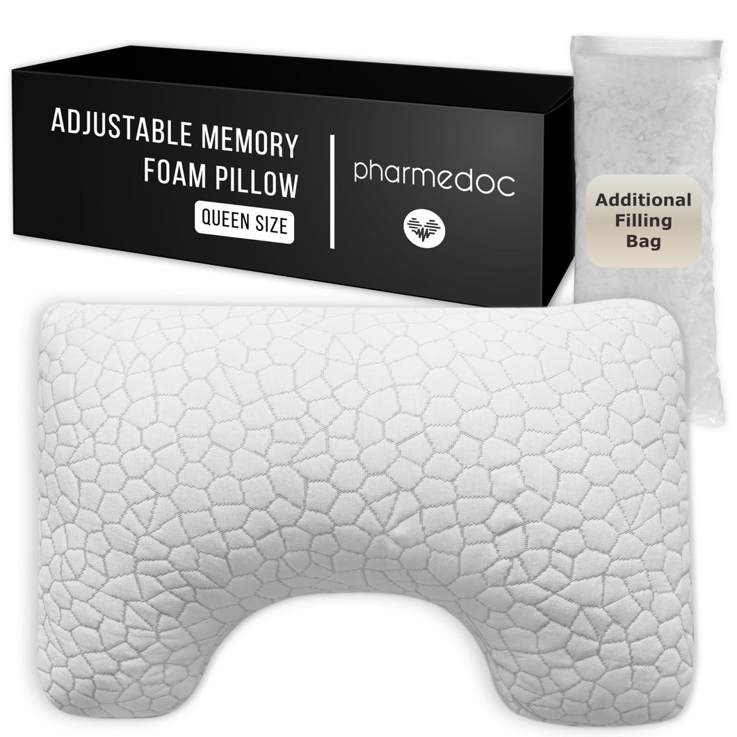 Pharmedoc Memory Foam Pillows - Side Sleeper Pillow - Curved Pillow - Deep Center - Neck Pillow for Pain Relief - Adjustable Shredded Memory Foam